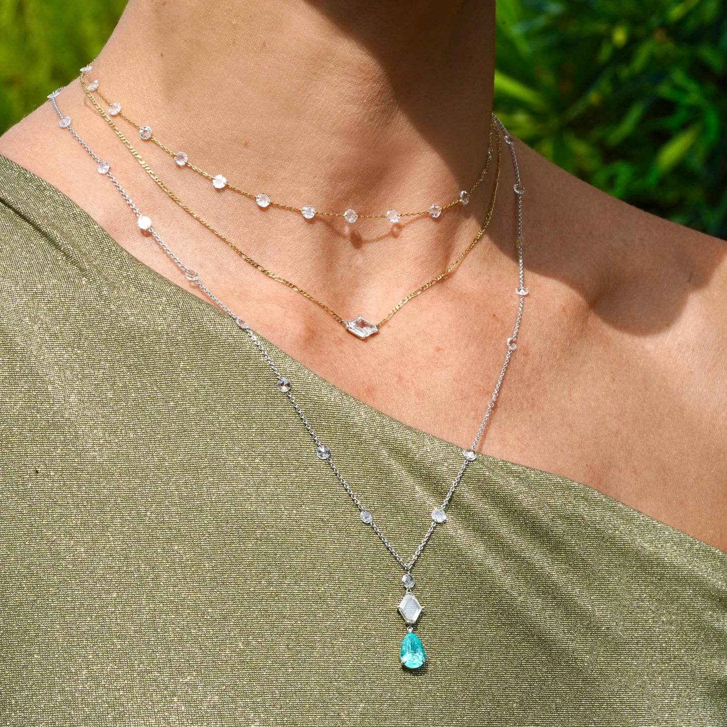 Paraiba and diamond rosary necklace