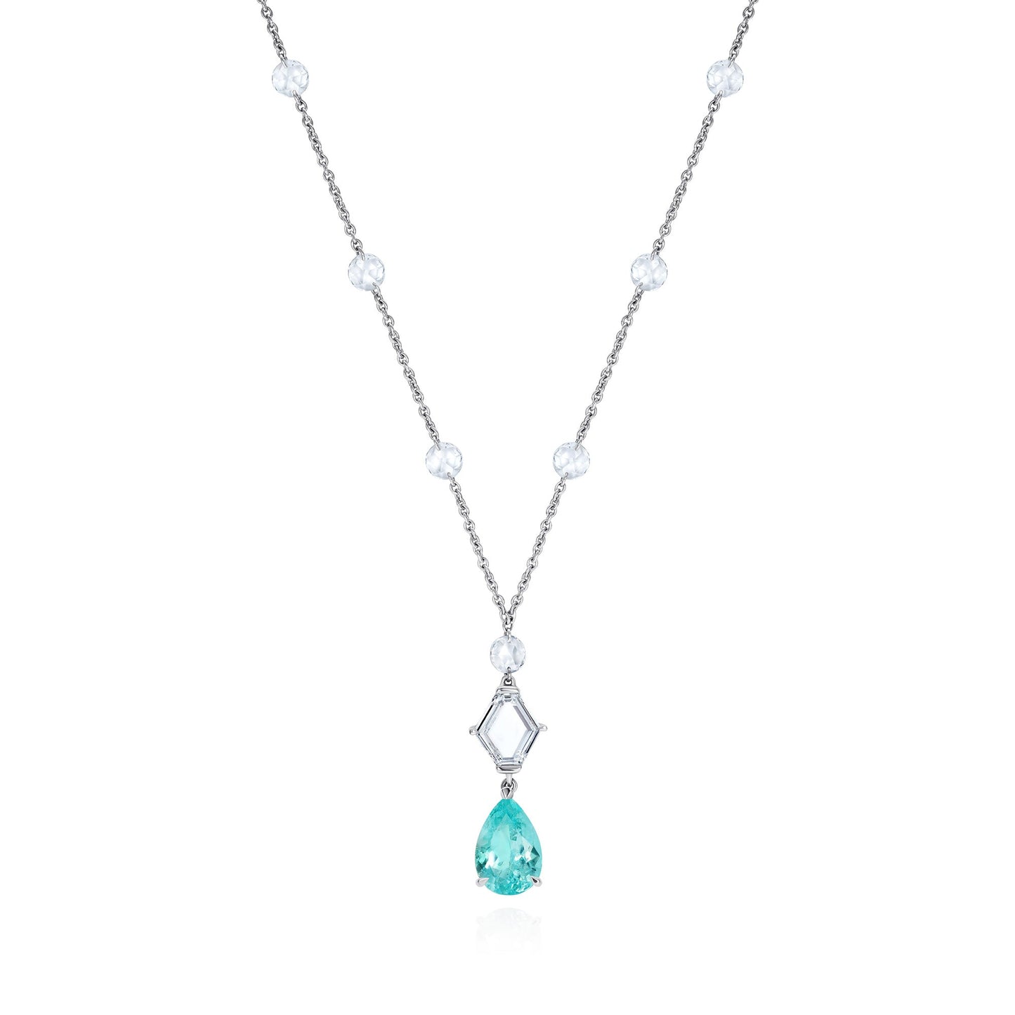 Rosary necklace with pear shaped paraiba, shield portrait cut diamond and rose cut diamonds. - Ines Nieto London
