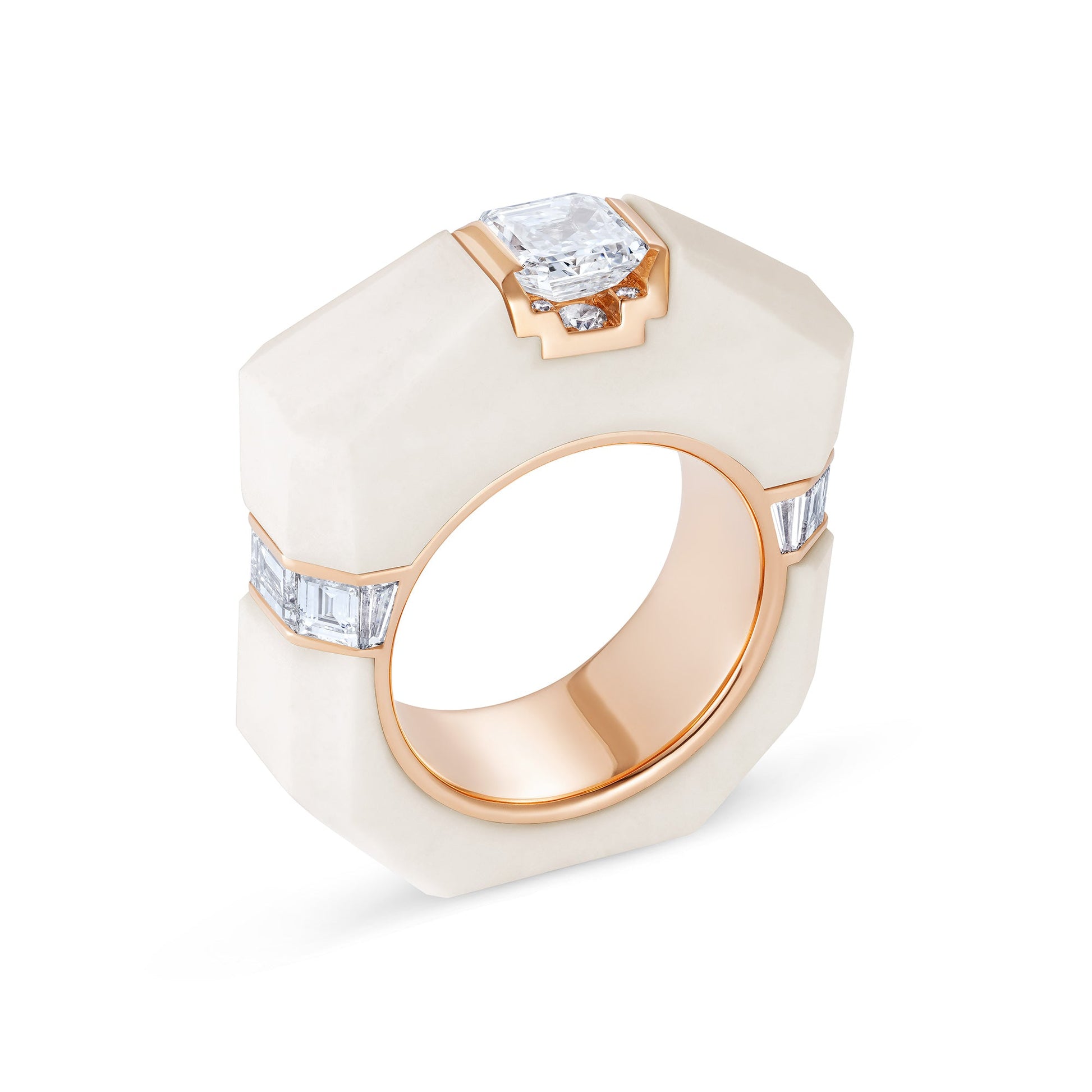 Taura ring with GIA Certified 1 ct. E VVS2 Asscher cut diamond, baguette and 8 cut diamonds and mount carved in white cacholong and 18K rose gold. - Ines Nieto London