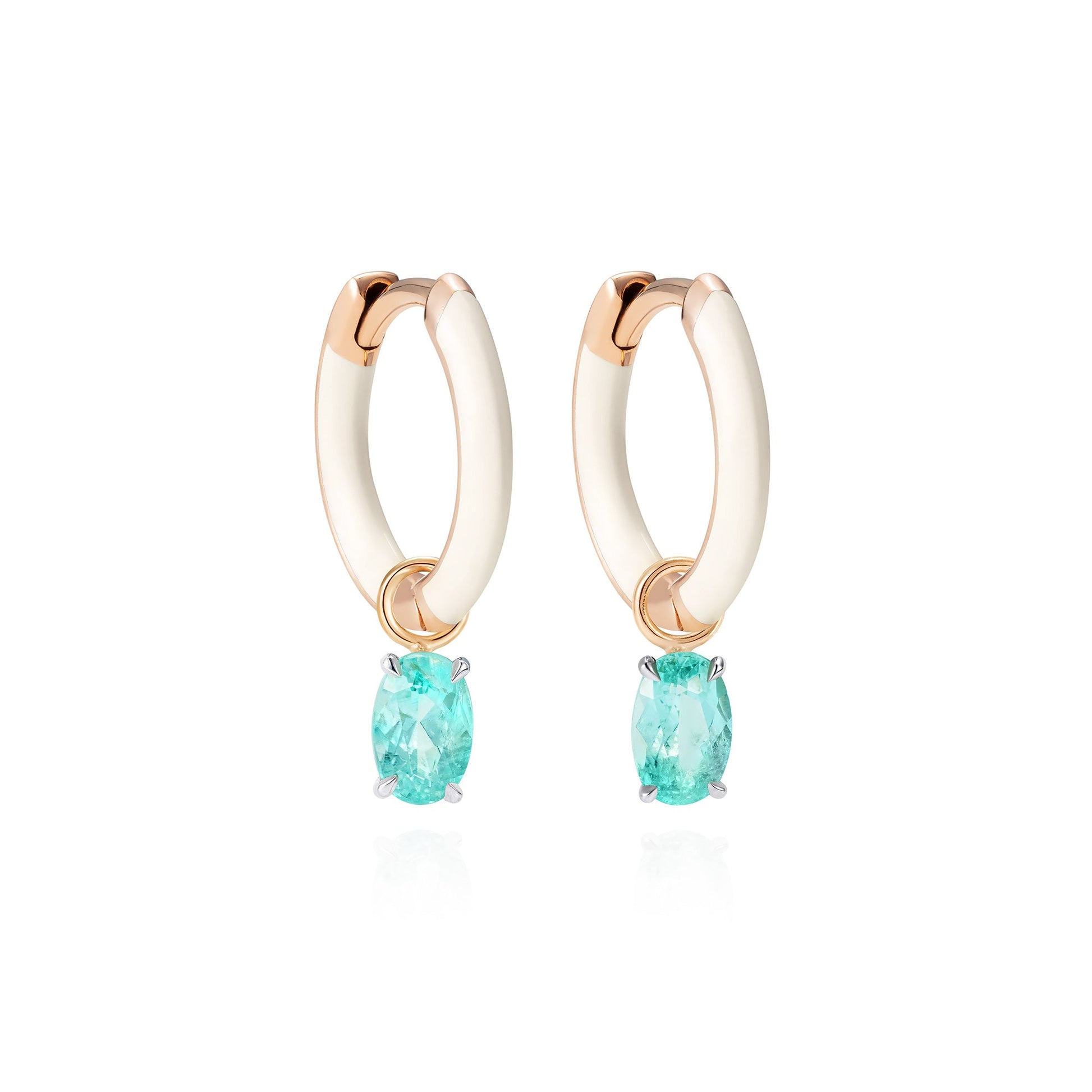 White ceramic and 18K rose gold Mini hoops with oval paraiba tourmalines - Ines Nieto London