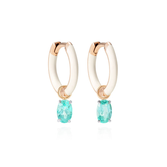 White ceramic and 18K rose gold Mini hoops with oval paraiba tourmalines - Ines Nieto London